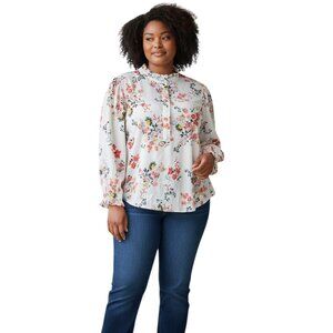 Loft Light Pink Floral Popover Long Sleeve Ruffle Neck Blouse Top 18